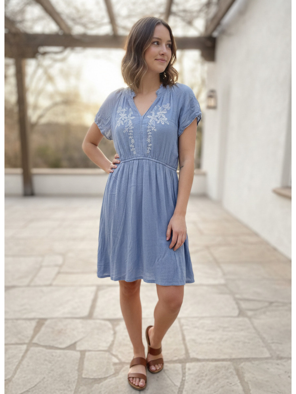 Japna Blue Embroidered Short Sleeve Dress